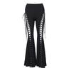 GlowGirl Pantalon Évasé Sexy Punk Noir Foncé Long pour Femme Fermeture par Lacets Devant Découpes Évasé Taille Haute Serrée Streetwear