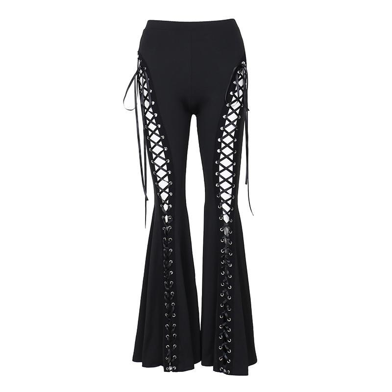 GlowGirl Dunkel Schwarz Sexy Punk Schlaghose Lange Hose Damen Schnürung Vorne Ausgeschnitten Glockenhose Hochgebunden Hohe Taille Streetwear