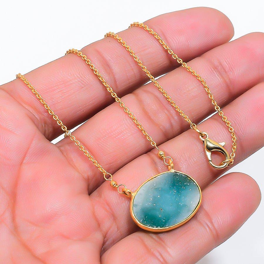 Green Botswana Druzy Gemstone 925 Sterling Silver Jewelry Necklace 20" GK-7640