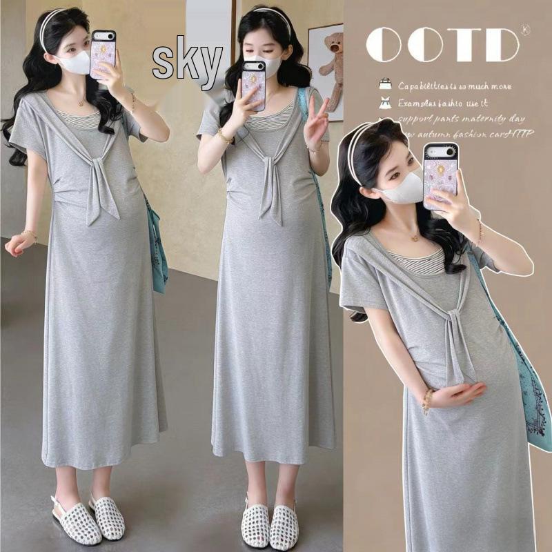 2026 Premium Summer Maternity Dress: French Knit Shawl Long Skirt 2XL