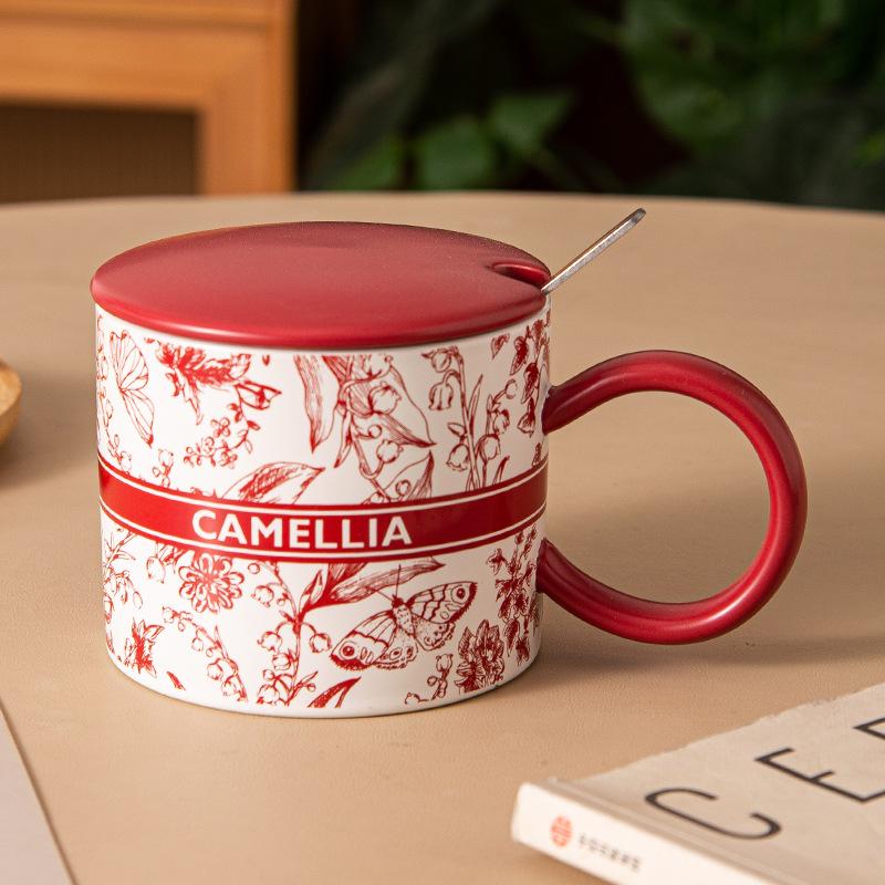 

New Chinese style Guochaofeng ceramic mug, ink flower ins coffee water cup, living room home with lid spoon, breakfast cup 380ml