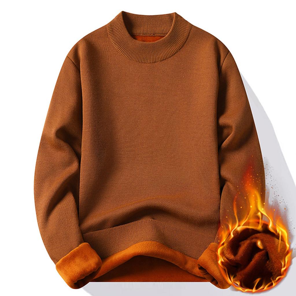 Men's Solid Color Plus Fleece Sweater Knitted Sweater Men's Casual Plus Fleece Bottoming Shirt