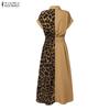 ZANZEA Women Casual Turn Down Collar Loose Short Sleeve Leopard Patchwork Long Dress