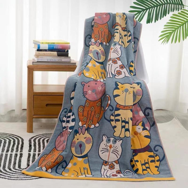 Cartoon Katze Badetuch 80*160cm Reine Baumwolle Saugfähiges Badetuch 5-lagige Baumwollgaze Superweiches Hautfreundliches und Bequemes Badetuch