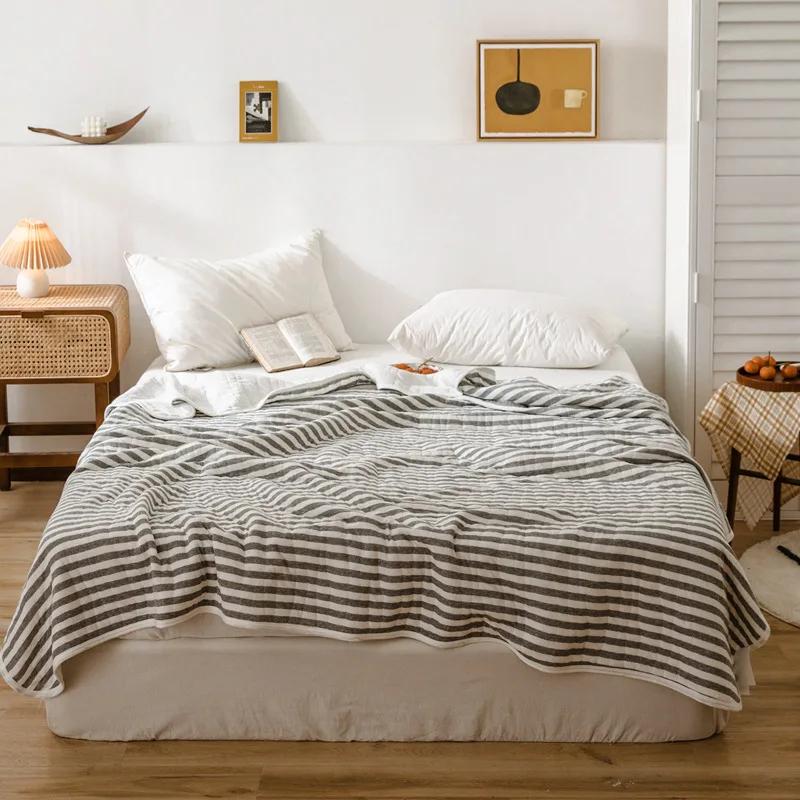 Stripes 100% Cotton Summer Blanket Bed Gentle Skin Friendly Queen Quilt Summer Air Conditioner Lightweight Comforter Breathable