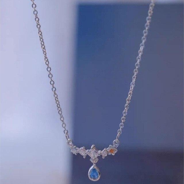 ANENJERY Blue Zircon Water Drop Star Necklace for Women Light Luxury Niche Design New Fashion Clavicle Chain Exquisite Pendant