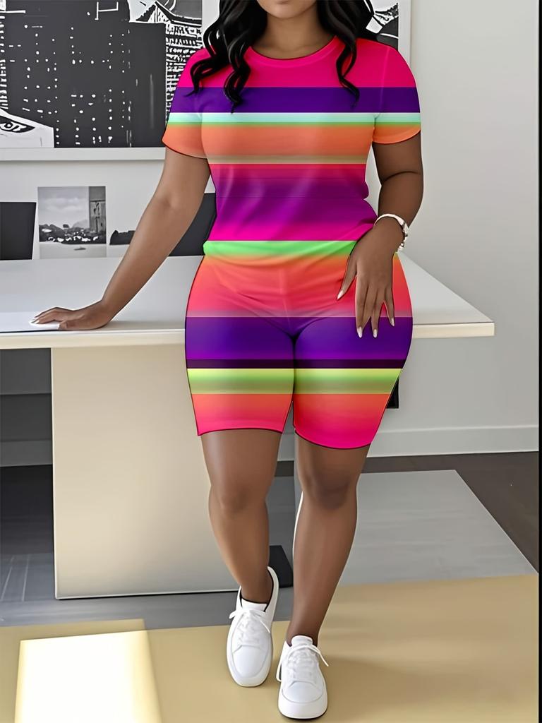 Striped code European and American women's clothing checkered printing T-shirt shorts set sports suit