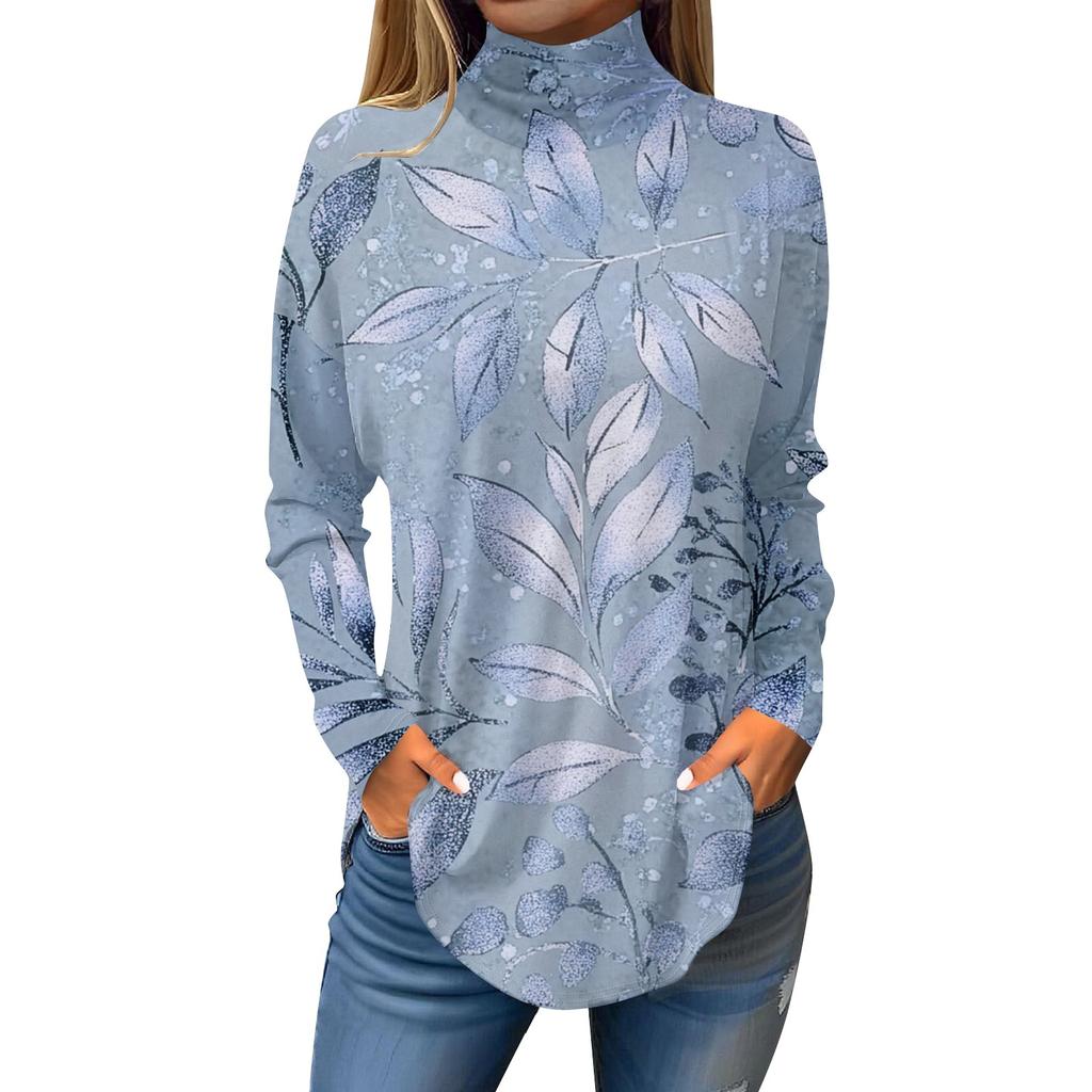 Tee Shirts For Women Fall Casual Long Sleeve Shirts Sweatshirt Vintage Printed High Neck Top Pullover