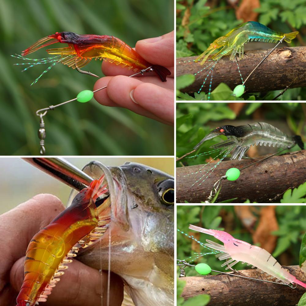 Soft Fishing Luminous Shrimp Lure with Hook Swivel Beads Artificial Silicone Glow Fishing Bait Fish Bait Set Jigging