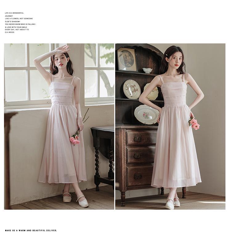 Women's Pink Fairy Mori-Style Sleeveless Long Camisole Dress for Summer Beach Vacation