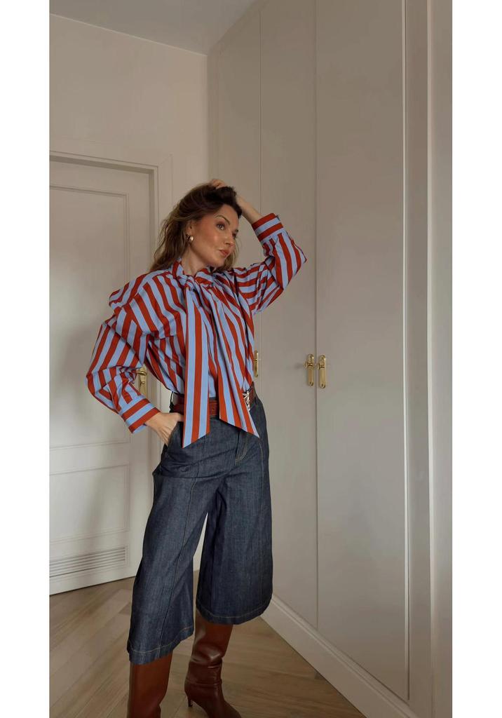 European American Women's Striped Lace-up Long-Sleeve Loose Top