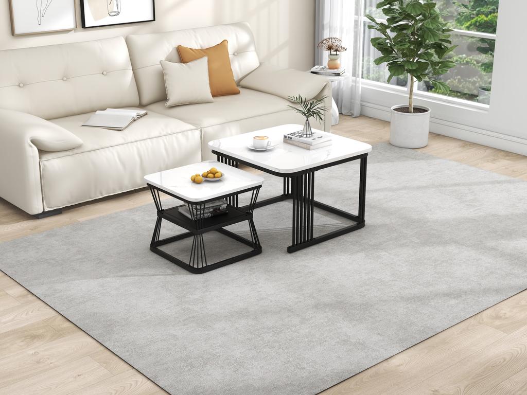 N625P173136Z)2-delat set moderna sidobord, MDF i marmorutseende, stålrör vit högglans svart, mått 65x65x45 cm och 45x45x39,5 cm