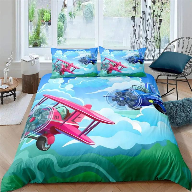 Premium Airplane Duvet Cover Planes Fying In Air Aviation Airport Helicopters And Jets Cartoon Style Room Decorative For Boys Girls Gift