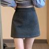 Korean Style Petite Wool Blend High-Waisted Gray A-Line Skirt for Women – Autumn Winter Hip-Hugging Anti-Exposure Short Skirt