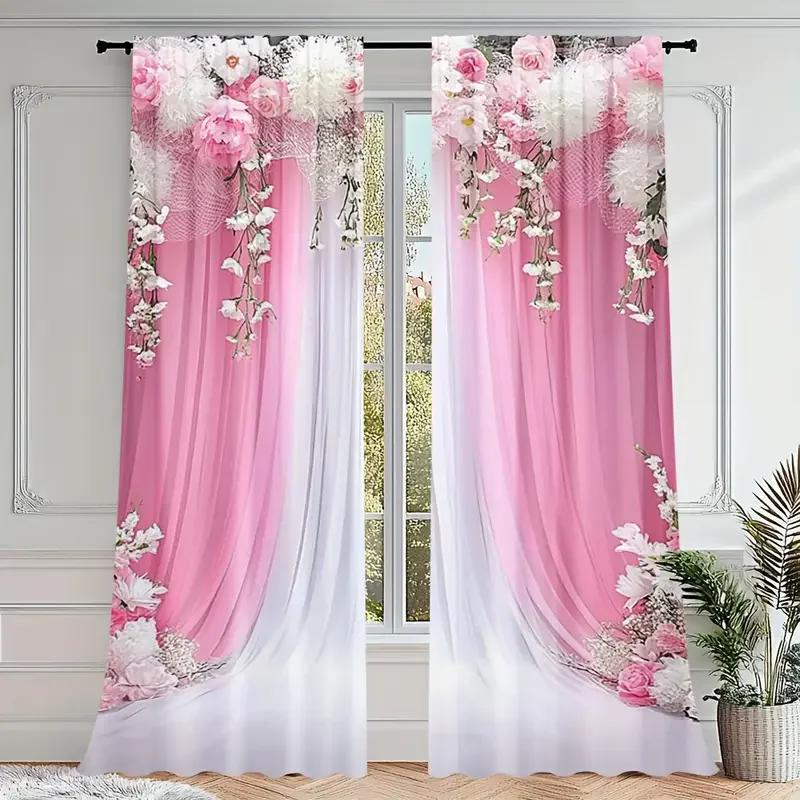 2pcs - Pink floral - Printed curtains   suitable for home decoration in bedrooms and living rooms