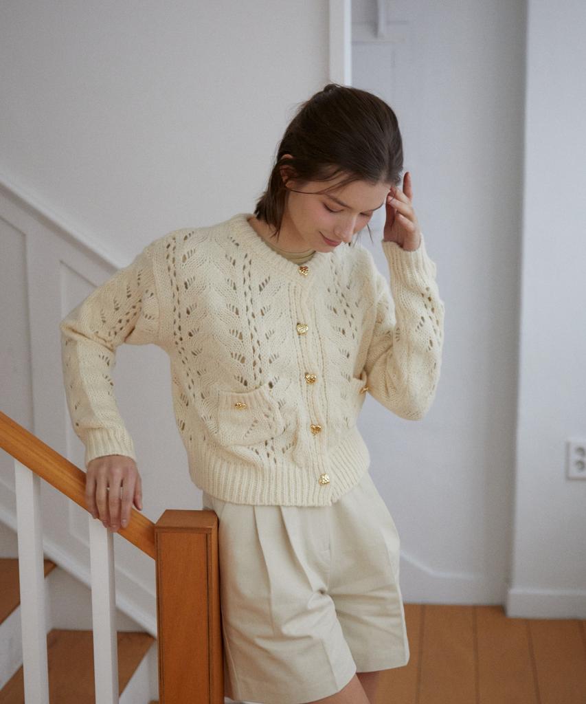 Wioe Heart Button Crochet Cardigan_Ivory