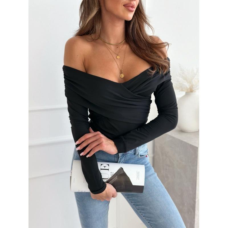 IHUASU Women's Fashion Casual Solid Color Print V-Neck Long Sleeve Blouses & Shirts