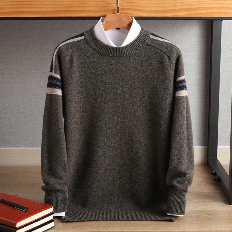 Men's Cashmere Wool Color Block Round Neck Sweater, Korean Style Loose Casual Knit Pullover, Plus Size for Autumn/Winter