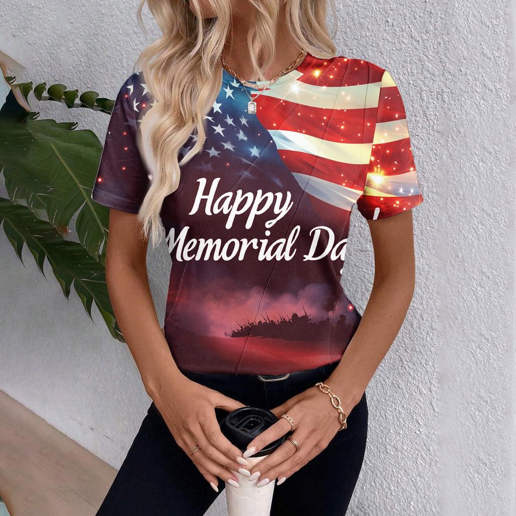 Haut d'été à manches courtes avec imprimé Jour de l'Indépendance pour femme