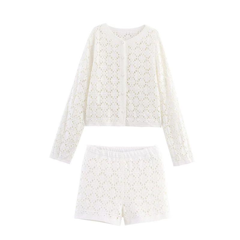 

Araltay New Arrival Fashion Style Women s Clothing Fashion All-Match Casual Style Cut Out Crochet Cardigan Coat Shorts Suit Milky White Suit L