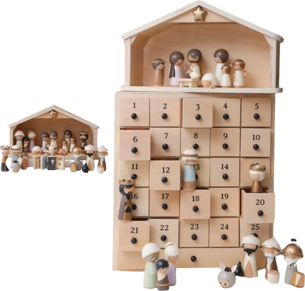 Advents-Weihnachtsset, Adventskalender aus Holz mit 25 Schubladen, ein traditionelles Weihnachtsgeschenk für Erwachsene und Kinder.