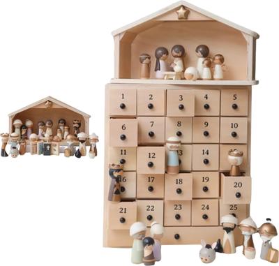 Advent Kerstset, Houten Adventskalender met 25 Lades, Een Traditioneel Kerstcadeau voor Volwassenen en Kinderen.
