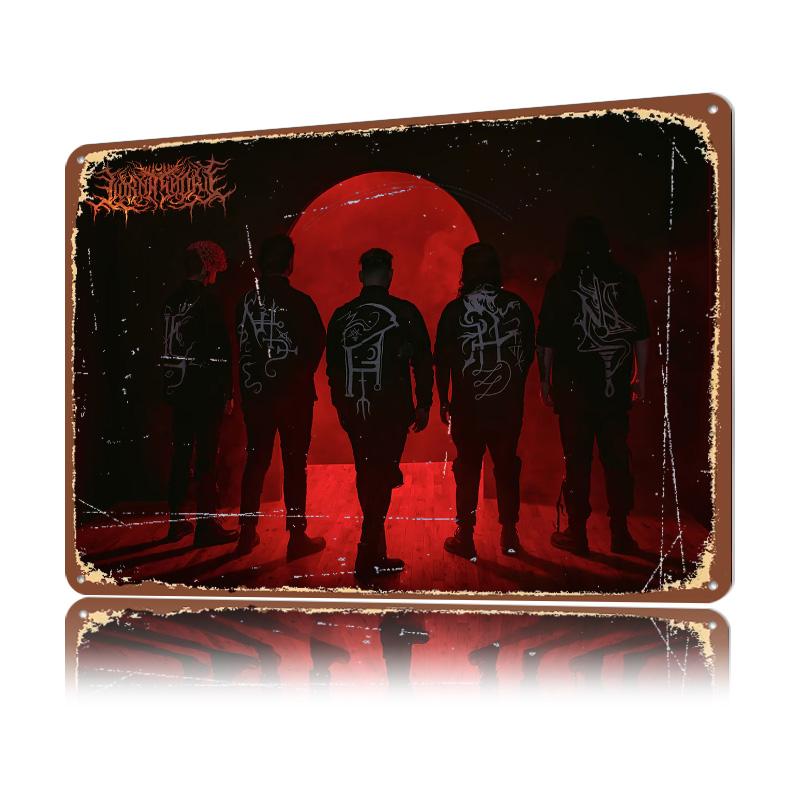 Band Posing In Front of Red Circle D Texture Printed Poster Custom Vintage Metal Tin Plate Sign for Wall Art House Decor Room