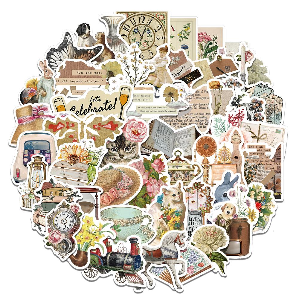 50pcs Vintage Animal Flower PVC Sticker Aesthetic Children's Stationery DIY Decoration Scrapbooking School Supplies