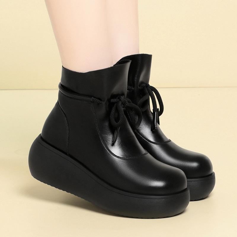 Autumn and Winter New Retro Thick-soled Soft Leather Martin Boots Lace-up Light Short Boots Velvet Warm Women's Shoes Comfortable Cotton Shoes