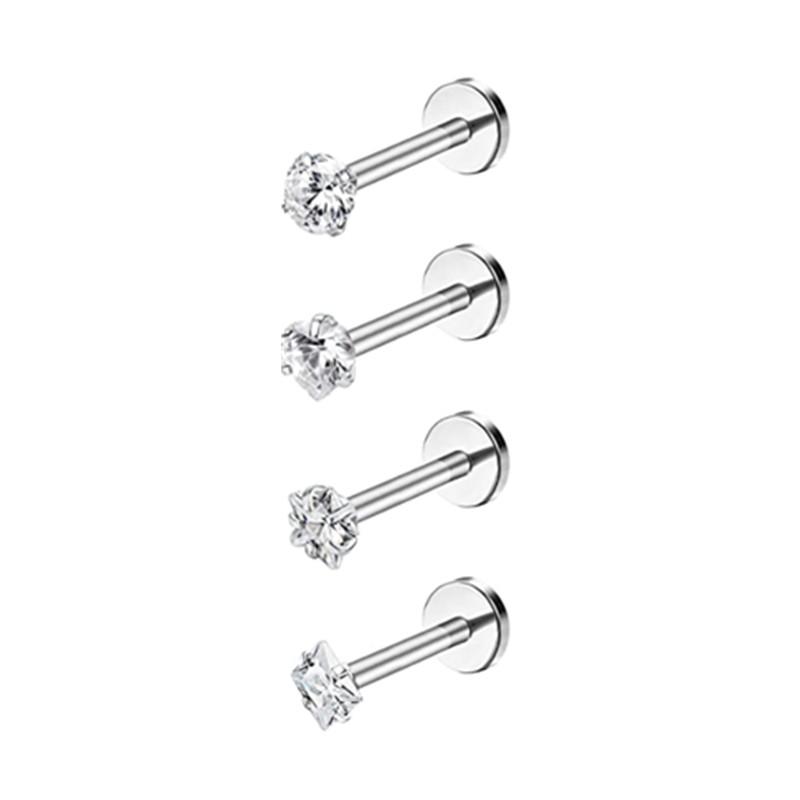 

4PCS Heart Crystal Tragus Piercing Earring Set Flat Labret Piercing Set Lip Ring Lot Conch Cartilage Stud Helix Lobe Earring Set 1.2x6mm