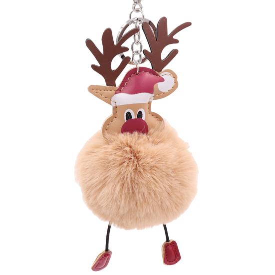 Christmas Deer Keychain Cute Reindeer Pom Pom Keyring Faux Fur Fluffy Plush Ball Charm for Handbag Backpack Purse Accessory