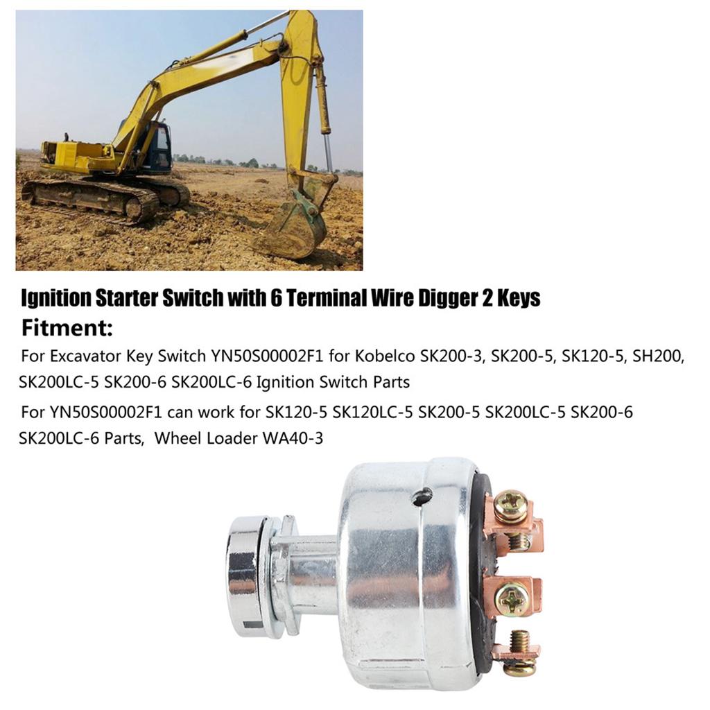 For Kobelco SK200‑3 SK200‑5 SK120‑5 Ignition Starter Switch with 6 Terminal Wire Digger 2 Keys
