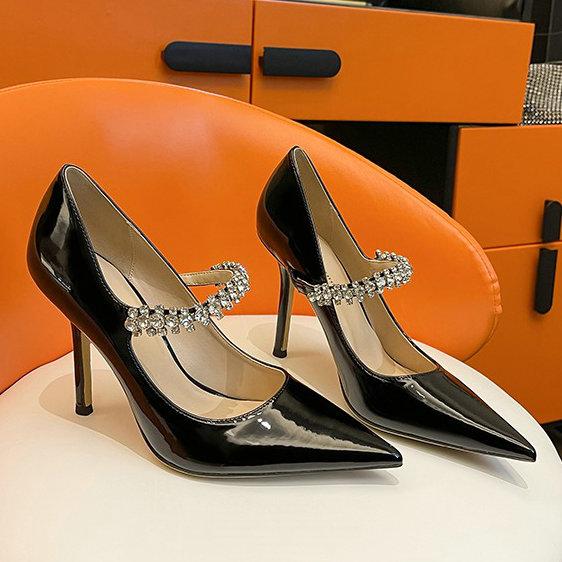 Fashion Rhinestone Line With High Heels Shallow Mouth French Single Shoes With Dress Wedding Shoes Woman