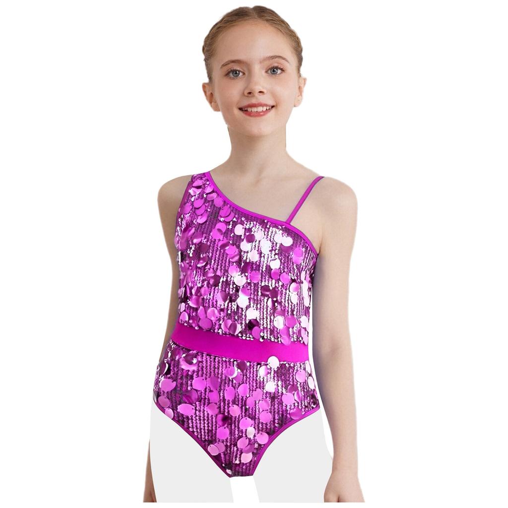 Mädchen Glitzer Pailletten Jumpsuit Ärmelloser Tanzbody Gymnastikbody Tanzaufführung Eiskunstlauf Unitard