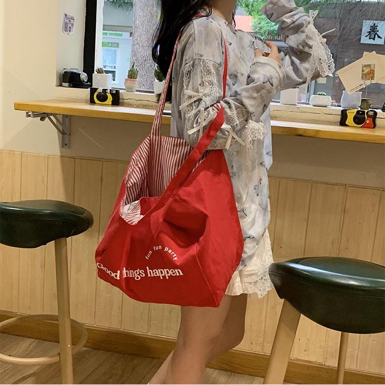 Large Capacity Tote Bag Front and Back Double-sided Back Striped Shoulder Bag Alphabet Canvas Bag Women