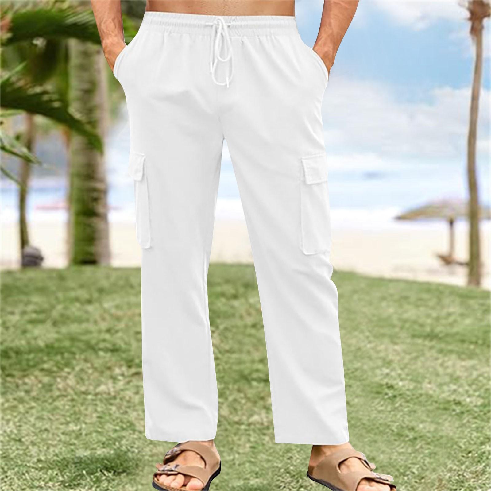 

Брюки-карго из хлопка и льна с дышащей эластичной талией и шнурком, мужские повседневные свободные летние пляжные брюки XXXL белый