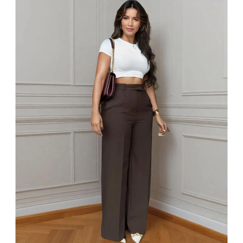 VEZFAA Damenmode, lässig, einfarbig, bedruckt, hohe Taille, Hosen, Hosen und Caprihosen