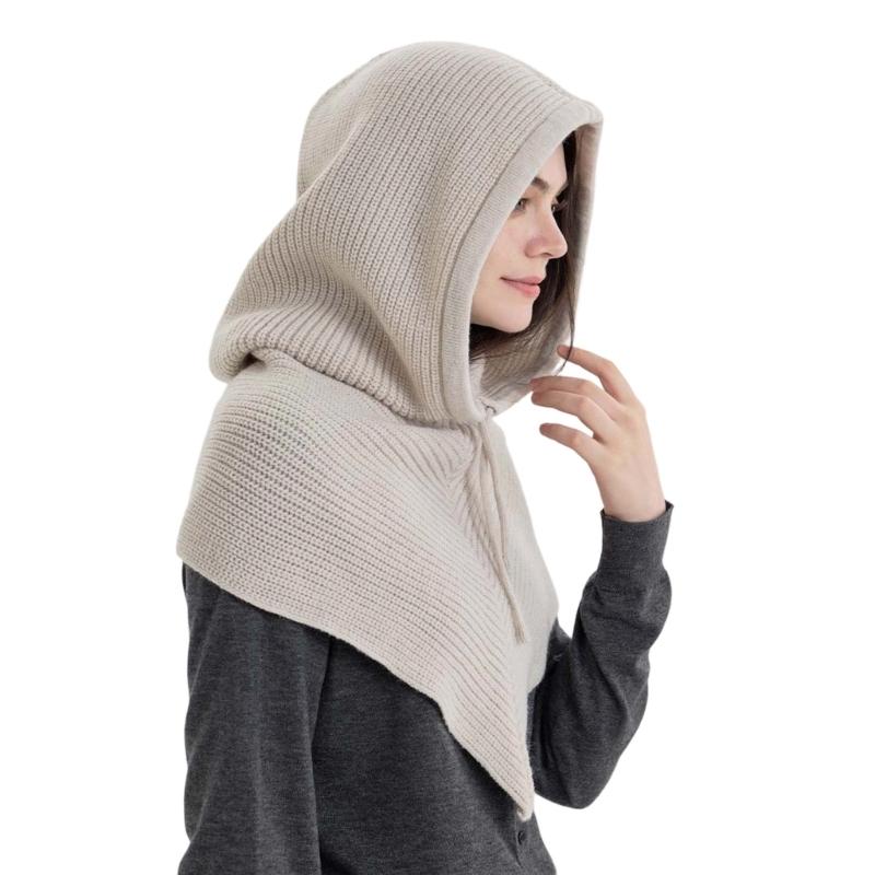 Thicken Knit Balaclava Knitted Shawl Drawstring Thicken Neck Warmer Knit Scarf for Cold Weather Insulated Hat