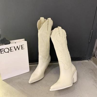 Mode 2024 Winter Neue Mode Western Cowboy Stiefel Frauen Spitz High Heel Schuhe Damen Stickerei Chelsea Stiefel Zapatos Mujer