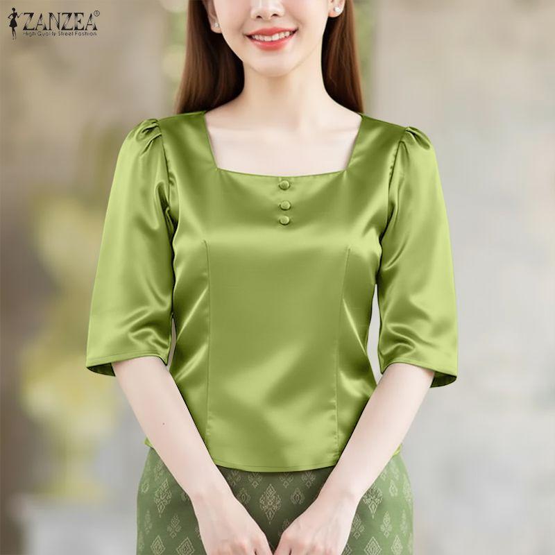 ZANZEA Women Casual Square Collar Summer Half Sleeve Blouse