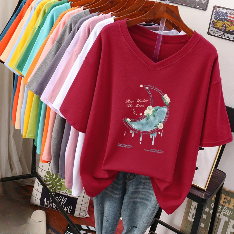 

Футболка с коротким рукавом, Свободного кроя, Приталенный топ с V-образным вырезом с принтом для женщин 5XL бордовый