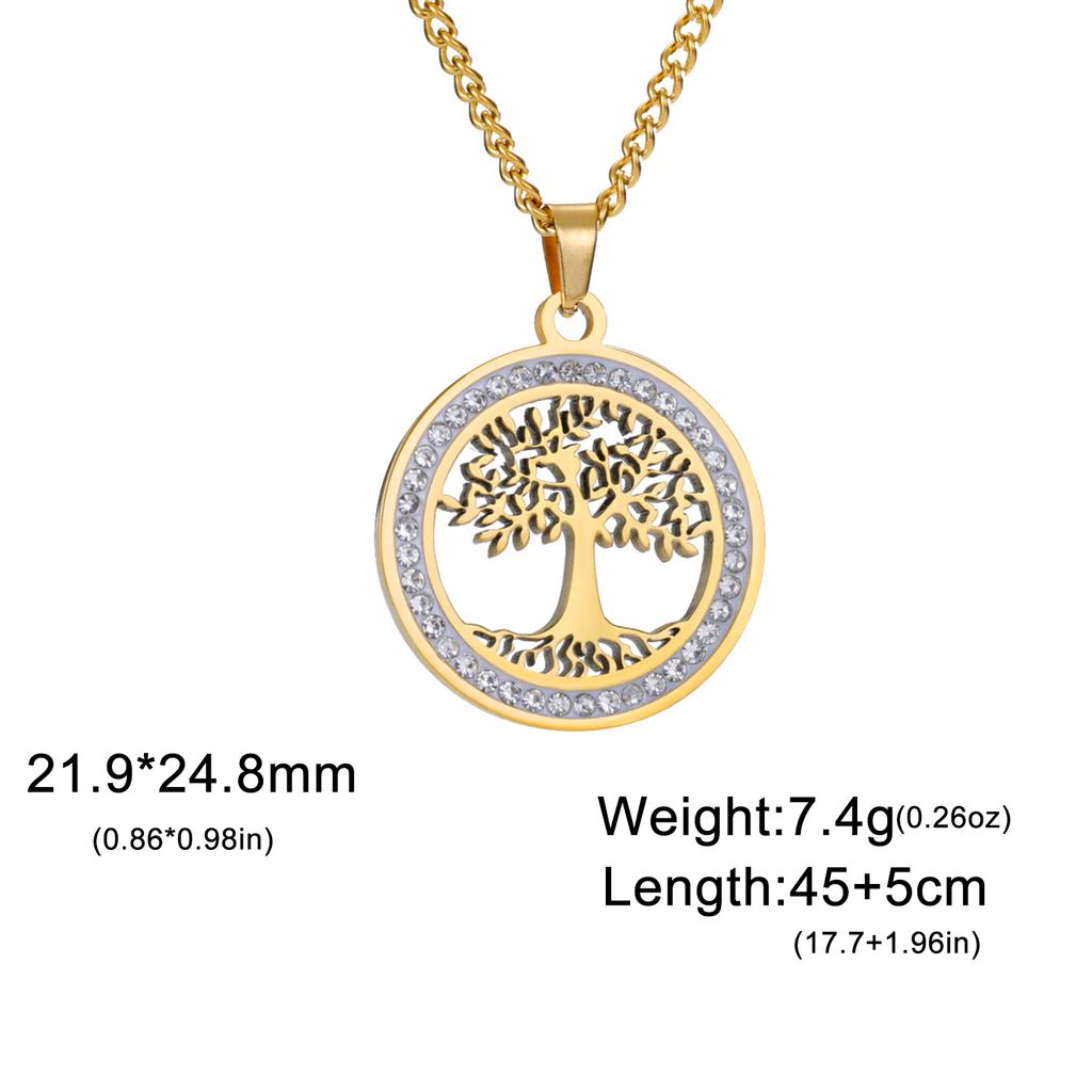 Tree of Life Clear Zircon Round Pendant Necklace Women Stainless Steel Gold Color Neck Chains Luxury Jewelry Wedding Gift