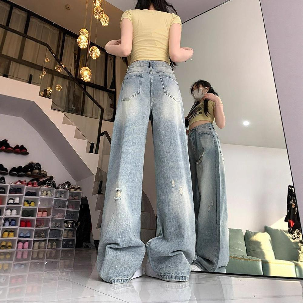 Comfortable High Street Broken Hole Jeans Women Years Straight Small Loose High Waisted Thin Wide Leg Trousers Jeans for Women Long Denim Pants