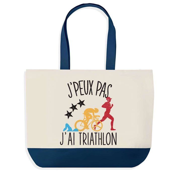 Sac shopping - PLANETEE - Sac "J'peux pas Triathlon" - Fond bleu - Coton 40 x 45 cm - Fabriqué en France
