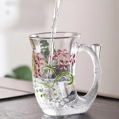 Mermaid Glass Water Mug with Handle,Designer Creative Glass Cup Flower Tea Cup Milk Cup,Novelty Coffee Mugs for Office and Home,1pc