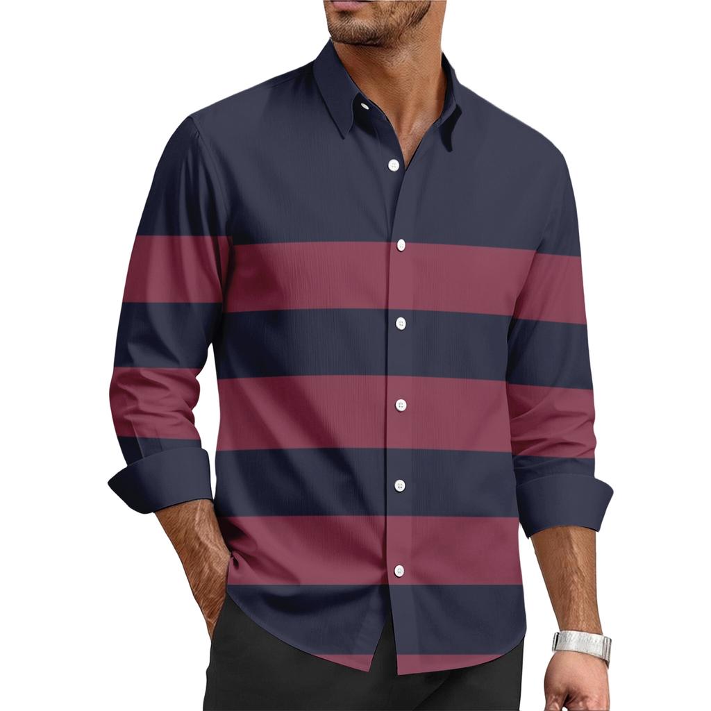Men's Casual Stylish Striped Printed Shirt - Men's Lapel Buttoned Long-sleeved Shirt