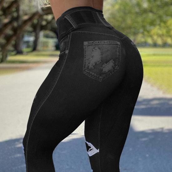 Strečové fitness kalhoty s vysokým pasem, distressed imitace džínů, kalhoty na cvičení pro jógu, zvedající hýždě