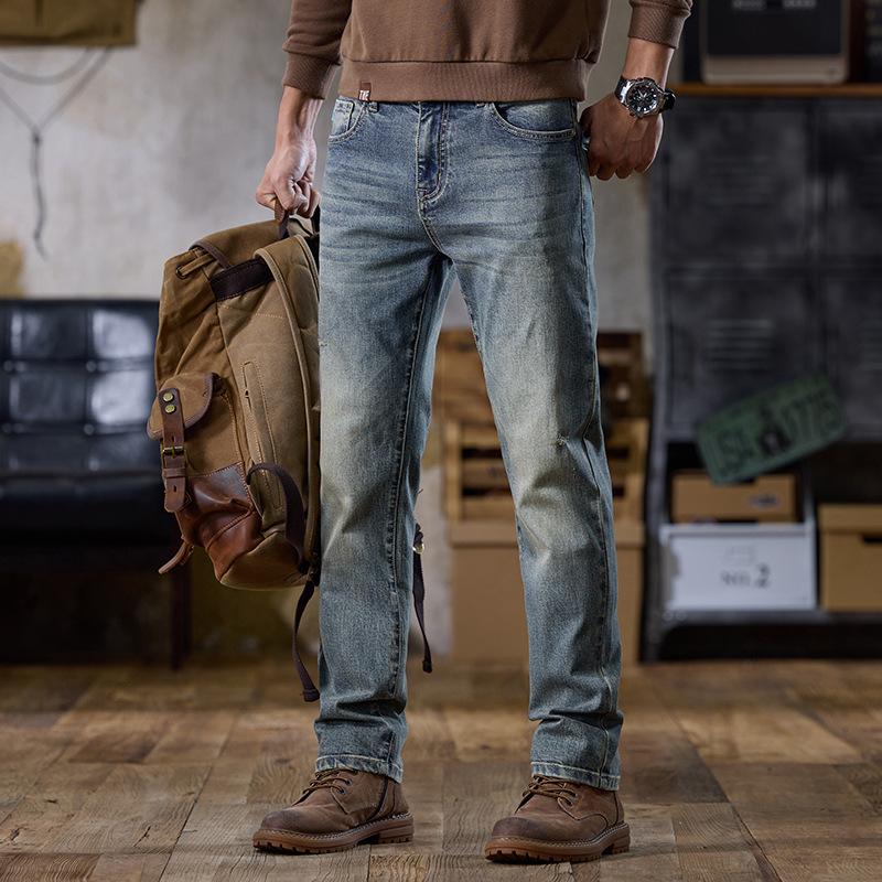 Four Seasons Quality American Casual Nostalgic Jeans Men's Straight Slim Elastic Youth Versatile Commuter Trendy Pants