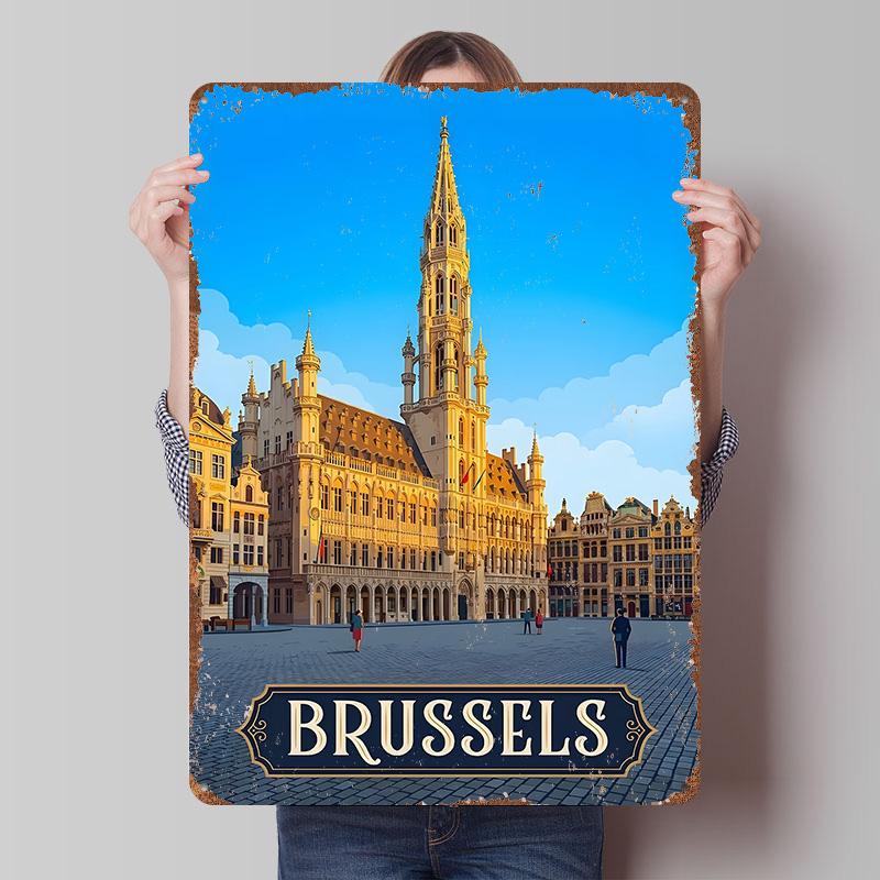 Brussels Grand Place Travel Printing Poster Customized Retro Wall Art Vintage Metal Signs for Room Office Decor Home Decorations