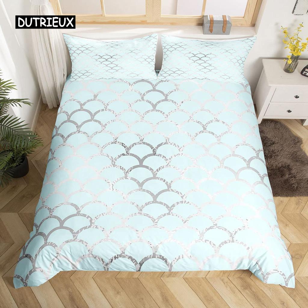 Fish Scales Duvet Cover Set Pink Fish Scales Pattern Colorful Twin Bedding Sets for Girls Women Microfiber 2/3Pieces Quilt Cover